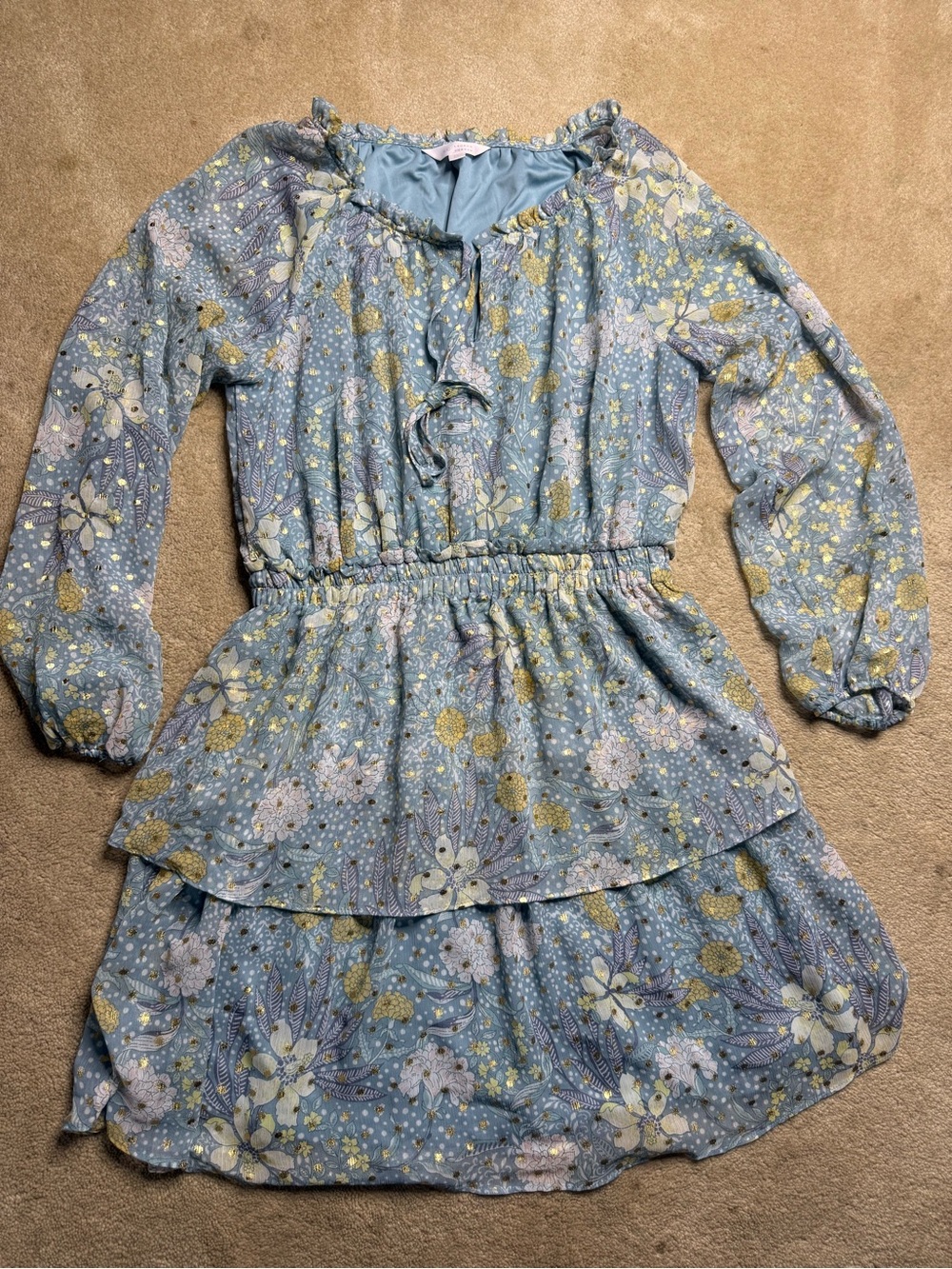 Size M Lauren Conrad Blue Floral Tiered Long Sleeve Dress